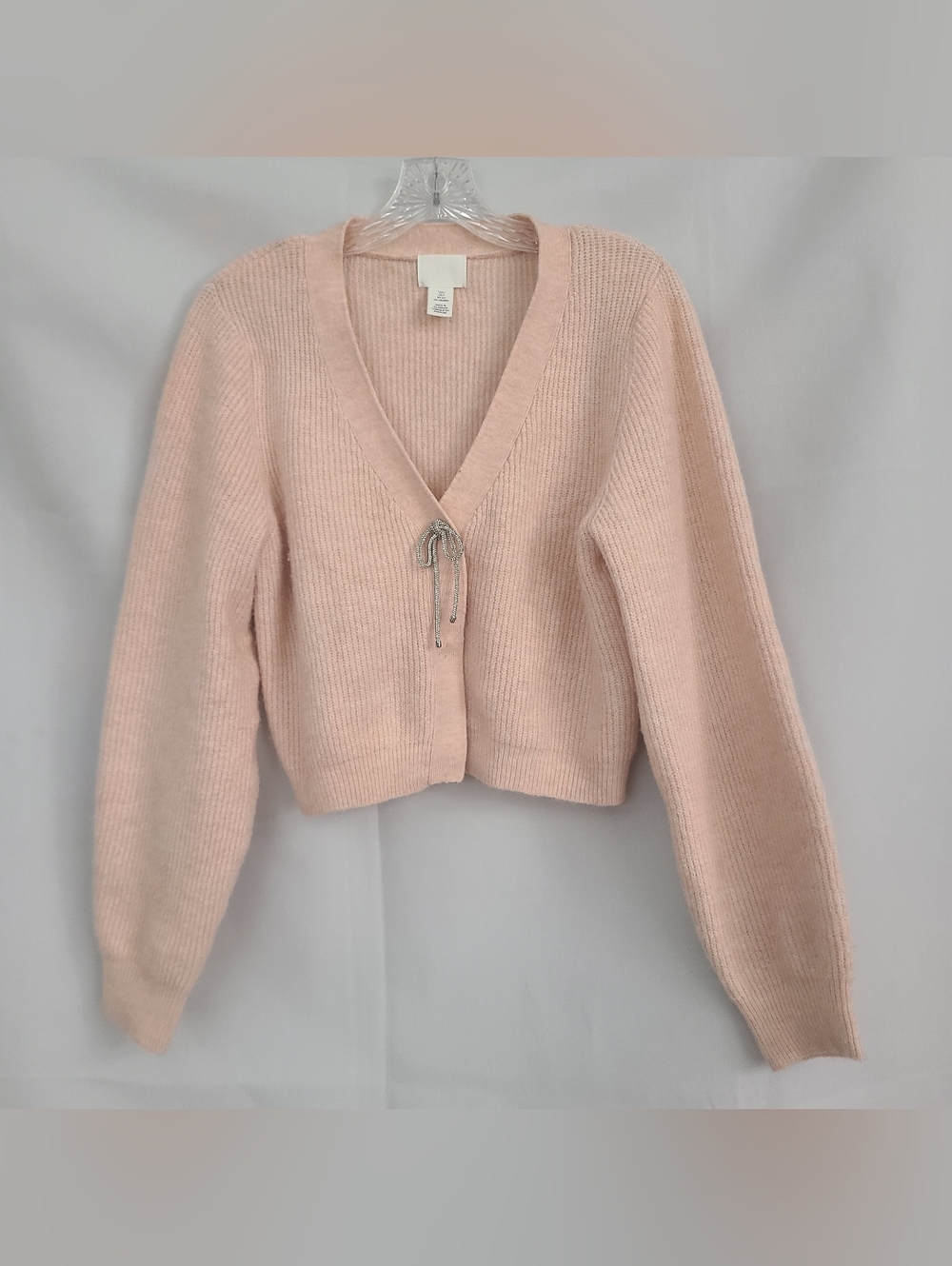 H&M S Light Blush Pink Crop Loose Fit Front Bow Snap Coquette Sweater Cardigan